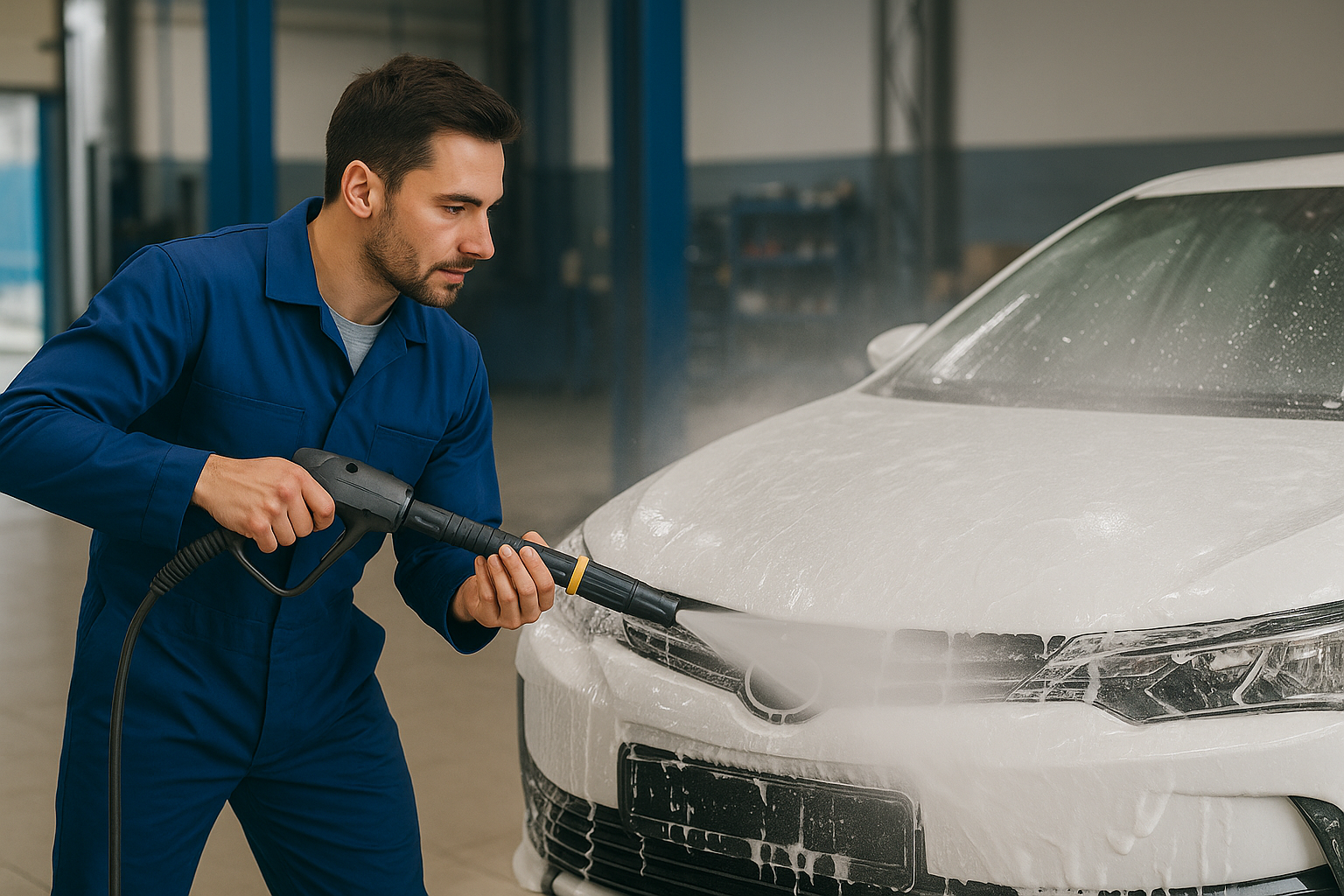 Carro sedã sendo lavado com equipamento profissional de limpeza