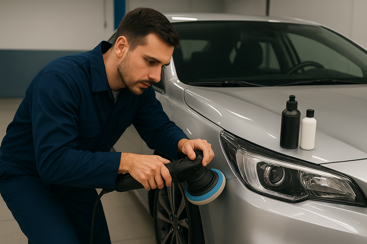 Polimento de carro com máquina profissional e produtos especializados