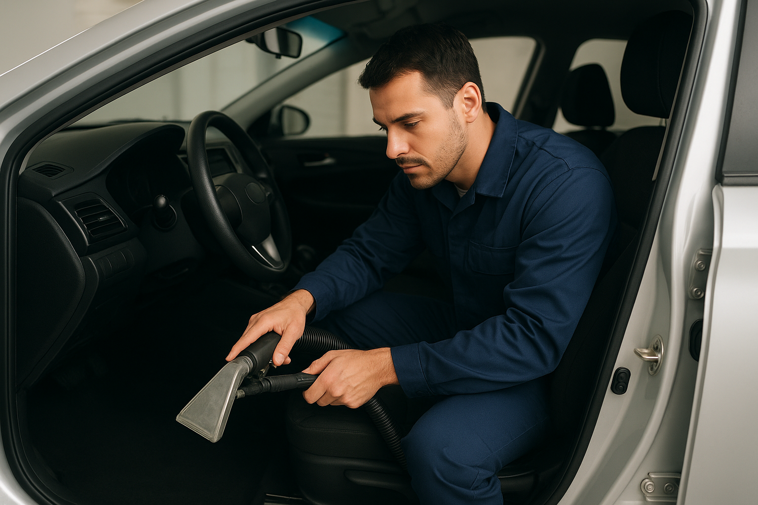 Interior de carro sendo higienizado com equipamentos especializados