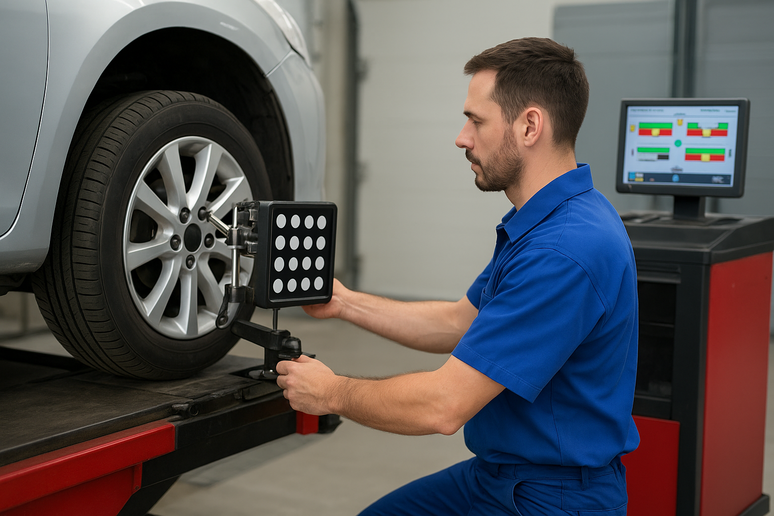 Alinhamento e balanceamento de pneus em equipamento especializado