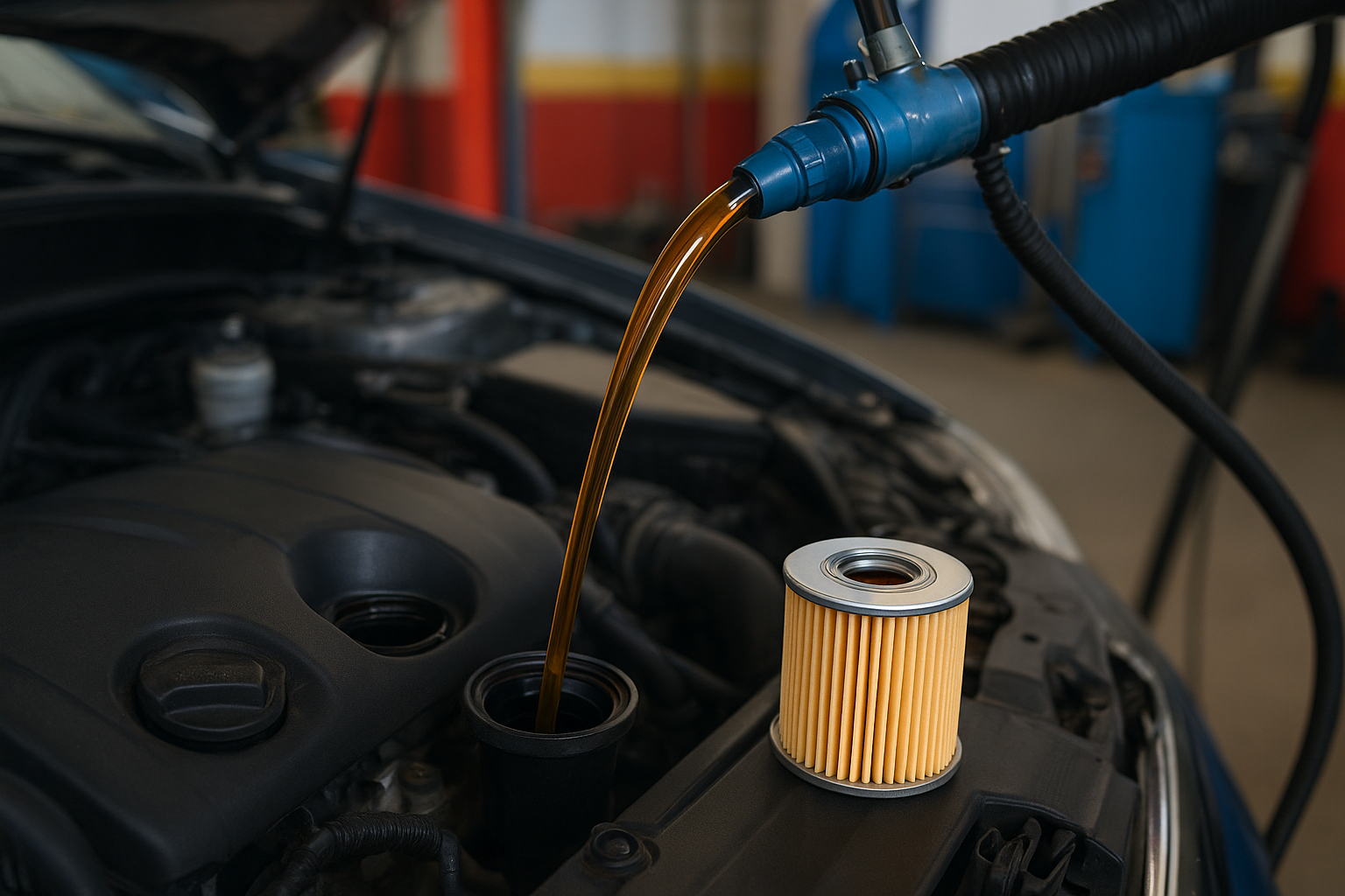 Troca de óleo de motor de automóvel com equipamento profissional e filtro novo